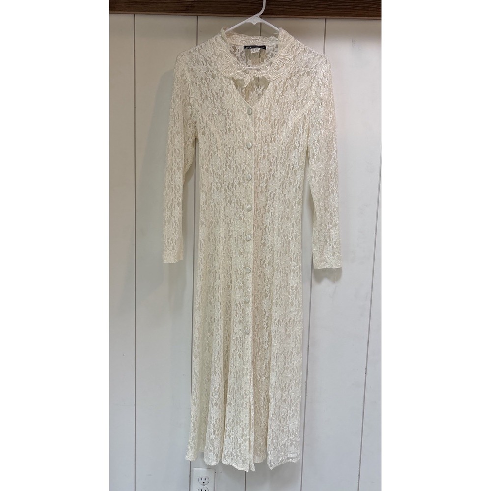 Vintage Dawn Joy Fashions Lace Dress Sz 10 Ivory Sheer Cottagecore Romantic Boho